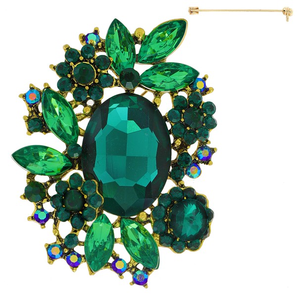 Jeweled Crystal Leaf Cluster Floral Brooch Pin