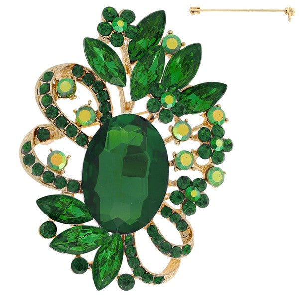 JEWELED CRYSTAL LEAF CLUSTER FLORAL RIBBON ACCENT BROOCH PIN