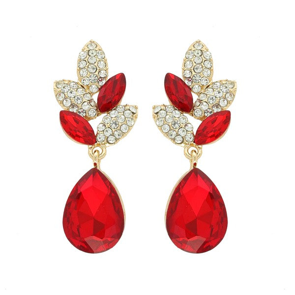 2-TIER CRYSTAL RHINESTONE LEAF ACCENT DANGLE AND DROP EARRING