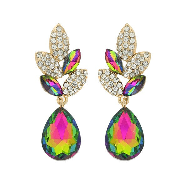 2-TIER CRYSTAL RHINESTONE LEAF ACCENT DANGLE AND DROP EARRING