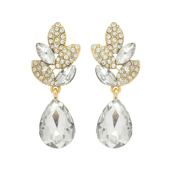 2-TIER CRYSTAL RHINESTONE LEAF ACCENT DANGLE AND DROP EARRING