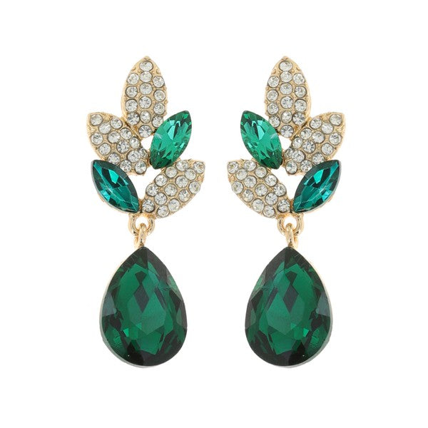 2-TIER CRYSTAL RHINESTONE LEAF ACCENT DANGLE AND DROP EARRING