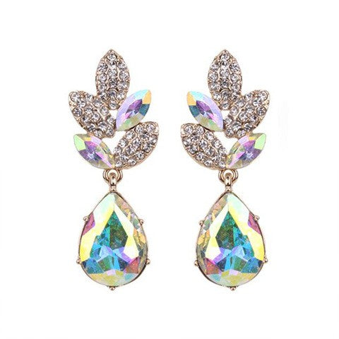 2-TIER CRYSTAL RHINESTONE LEAF ACCENT DANGLE AND DROP EARRING