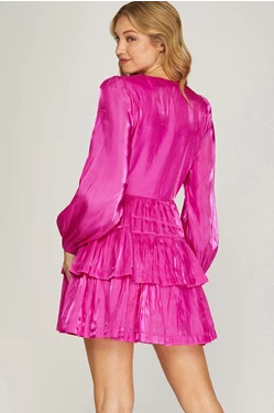 Long Sleeve Silky Woven Surplice Tiered V Neck Mini Dress