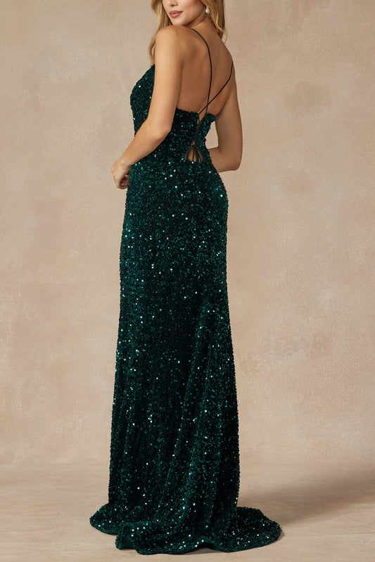 Spaghetti Strap Sequins Over Velvet Long Formal Fitted Dress with Corset Back