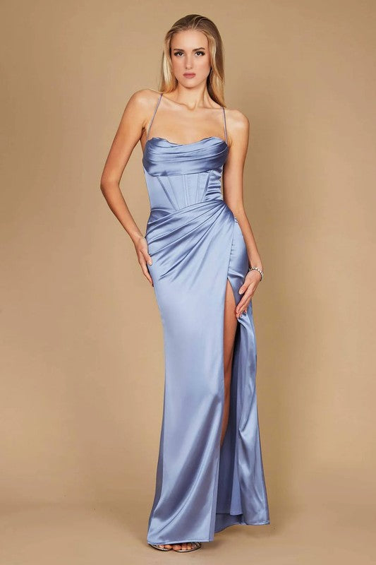 Spaghetti Strap Cowl Neck Corset Bodice Satin Fitted Formal Dress with Side Slit