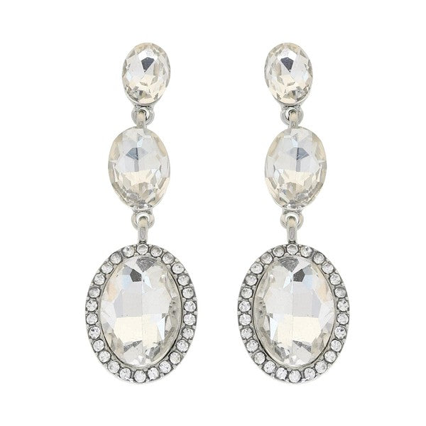 3-TIER CRYSTAL RHINESTONE OVAL CUT HALO LONG DROP EARRINGS