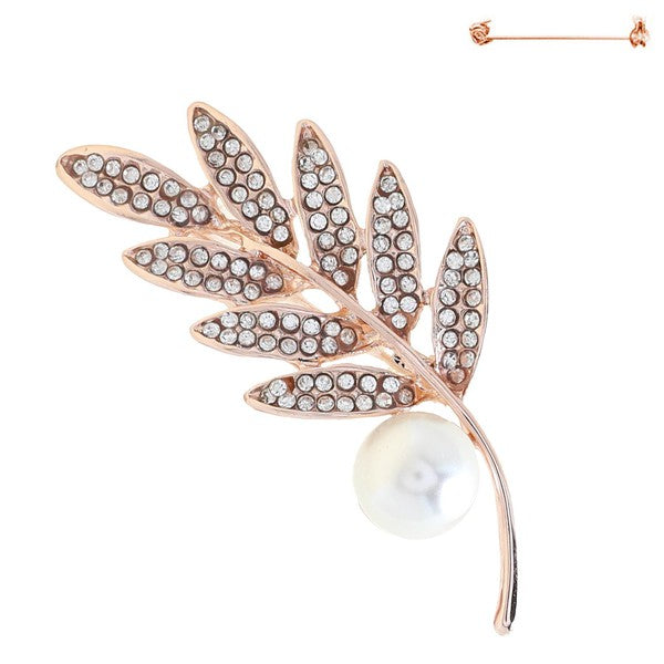 Crystal Rhinestone and Pearl Olive Branch Brooch Pin
