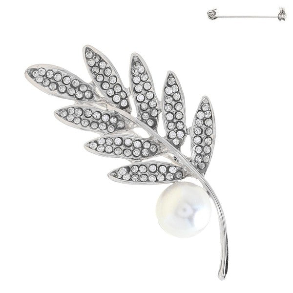 Crystal Rhinestone and Pearl Olive Branch Brooch Pin