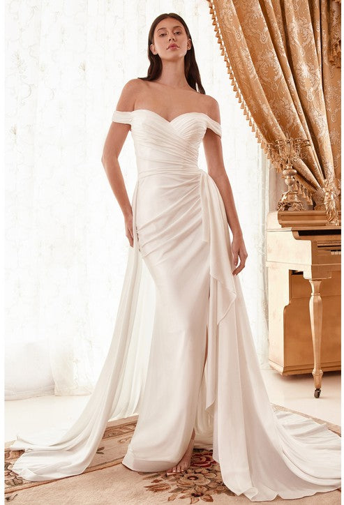 DRAPED OFF THE SHOULDER BRIDAL GOWN WITH OVERSKIRT