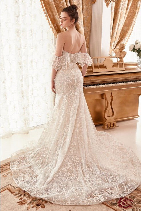 DETACHABLE LACE OFF THE SHOULDER MERMAID BRIDAL GOWN WITH BEAUTIFUL TRAIN