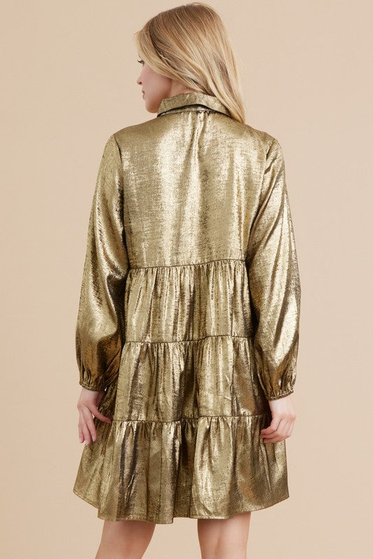 Long Bubble Sleeve Metallic Baby Doll Dress