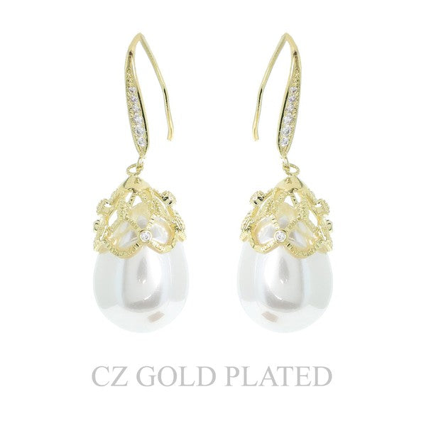 GOLD PLATED CUBIC ZIRCONIA LATTICE CAP PEARL FISH HOOK EARRINGS