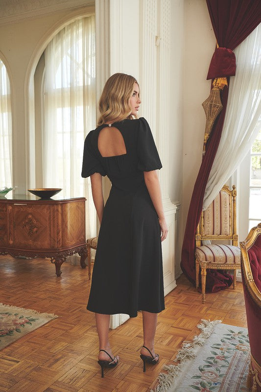 Short Puff Sleeve Fit and Flare Midi Dress