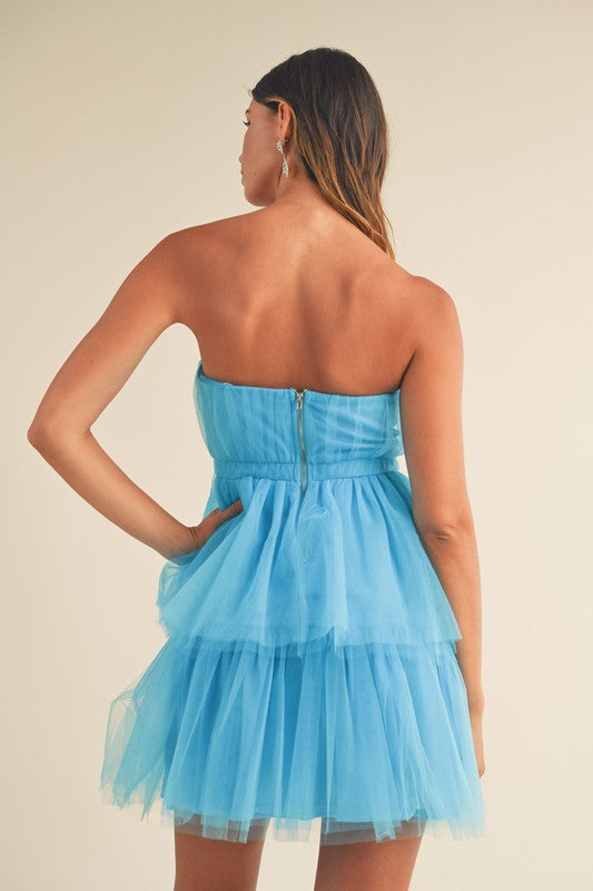 Strapless Tube Mesh Tulle Tiered Mini Dress with Bow Detail