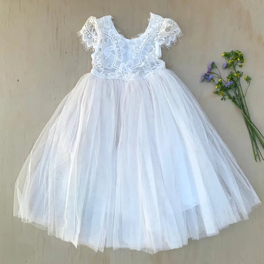 Girls Long Formal Dress with Tulle Skirt, Cap Lace Sleeves and Bodice