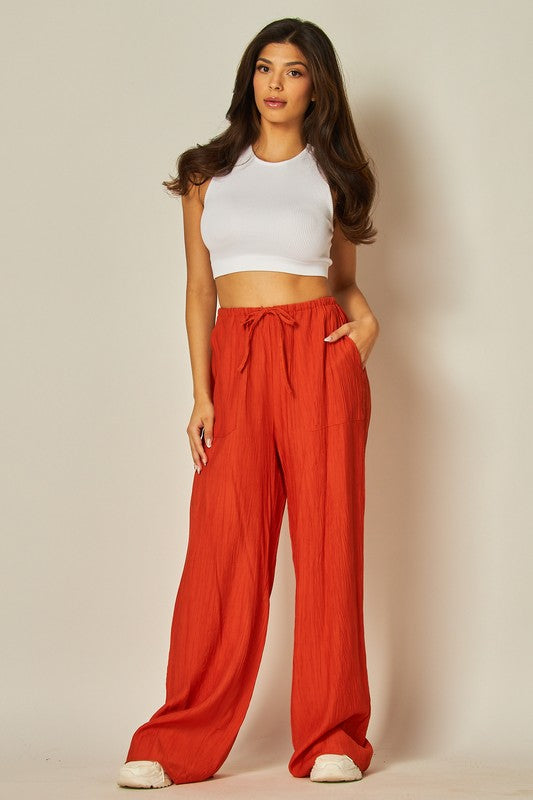 Textured Linen Blend Wide Leg Pants with Drawstring Waist and Side Pockets