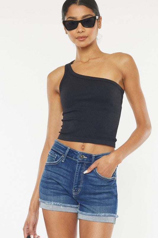 High Rise Denim Shorts with Raw Cuff Hem and Pockets