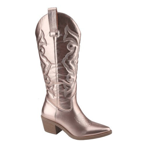 Low Heel PU Gold Metallic Cowboy Boots