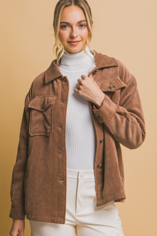 Long Sleeve Corduroy Button Up Jacket With Sherpa Inside