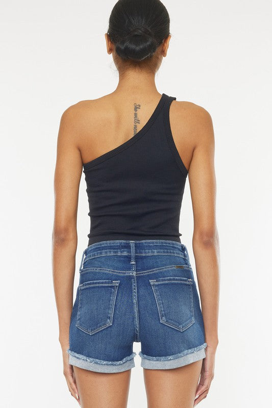 High Rise Denim Shorts with Raw Cuff Hem and Pockets