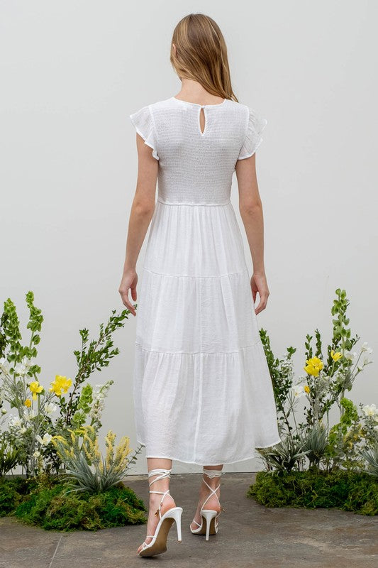 Curvy Short Cap Sleeve Round Neck Smocked Body Tiered Midi Dress with Lined Shell