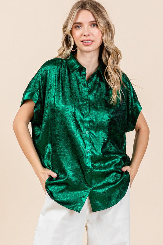Short Sleeve Metallic Button Up Top