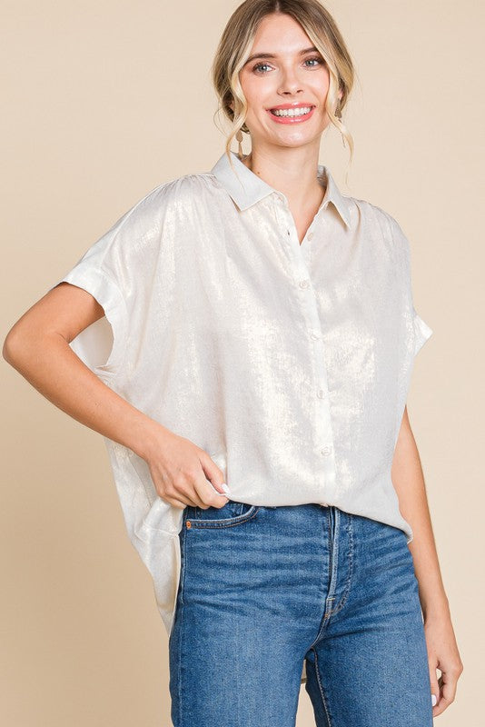 Short Sleeve Metallic Button Up Top