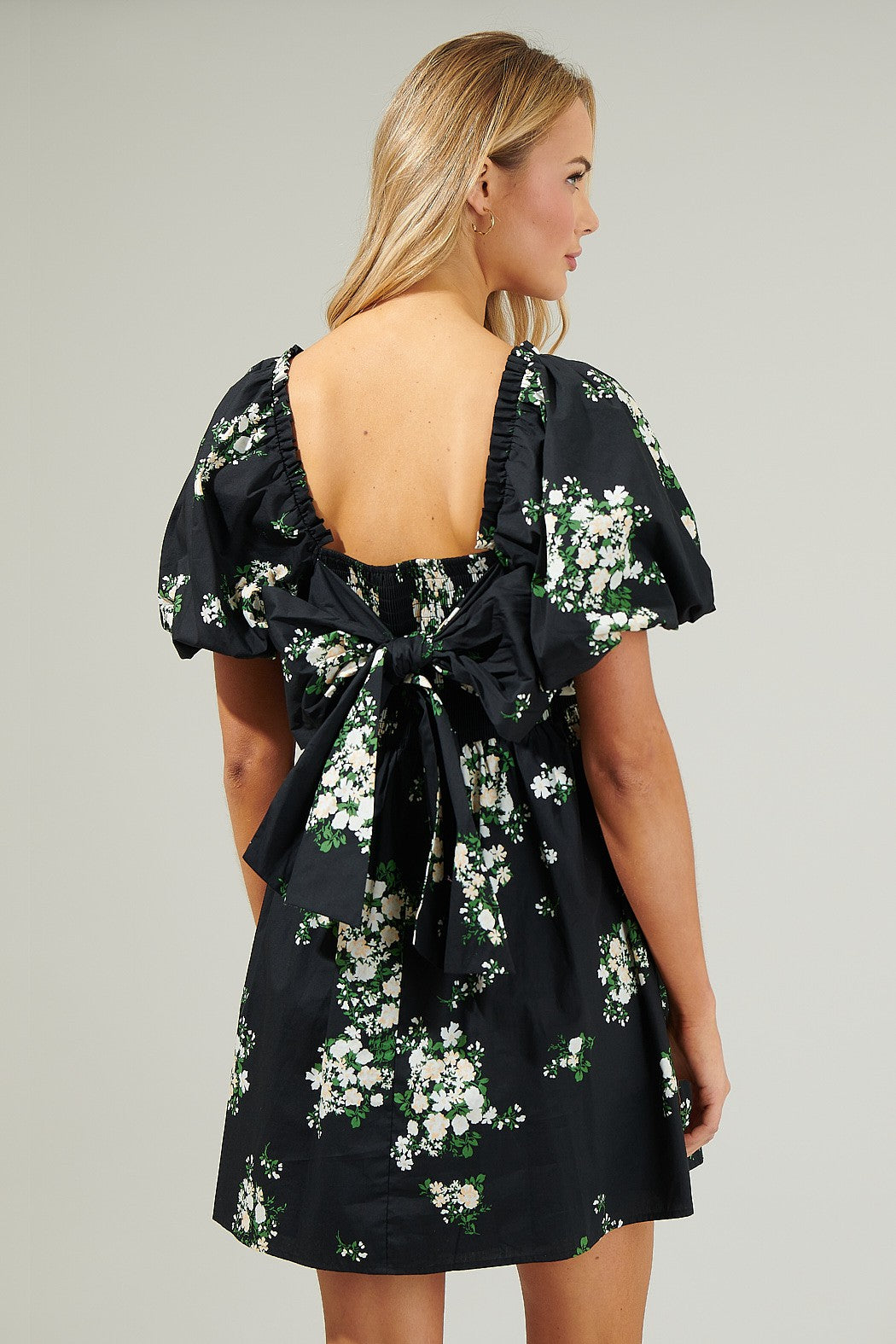 Marion Balloon Sleeve with Smocked and Tie Back Detail Poplin Babydoll Mini Dress