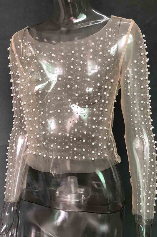 Sheer Long Sleeve Rhinestone and Pearl Top