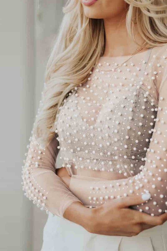Sheer Long Sleeve Rhinestone and Pearl Top