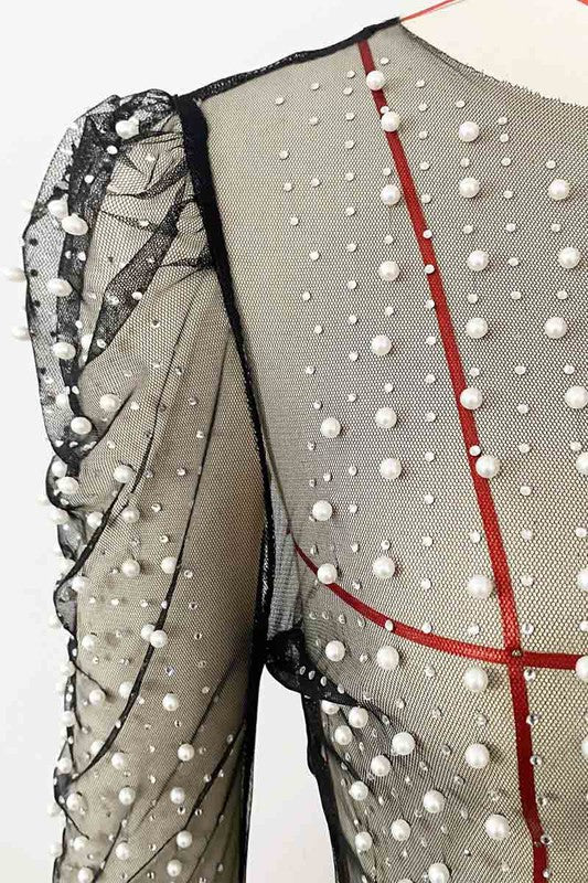 Sheer Round Neck Long Puff Sleeve Rhinestone Faux Pearl Mesh Top