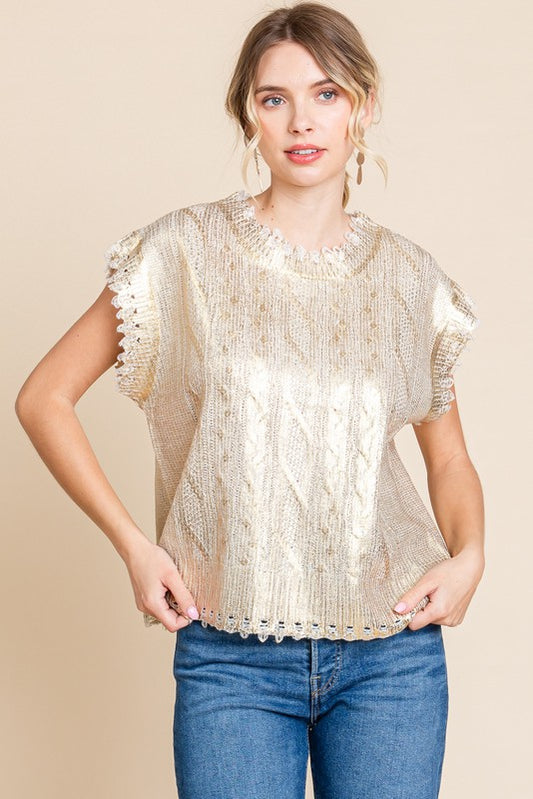 Short Sleeve Round Neck Metallic Cable Knit Top