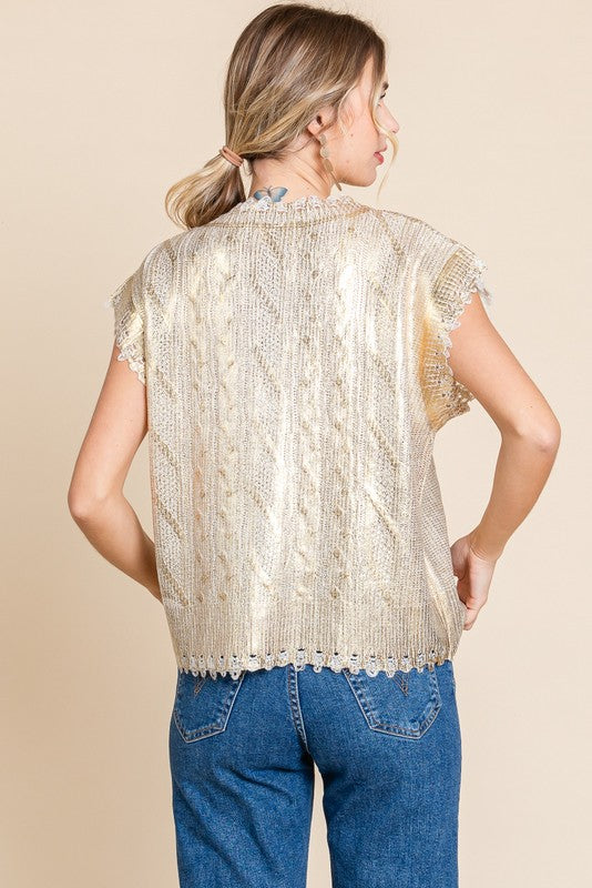 Short Sleeve Round Neck Metallic Cable Knit Top