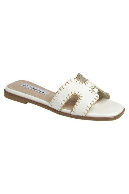 Flat Slip On Sandal with Taupe Stitching