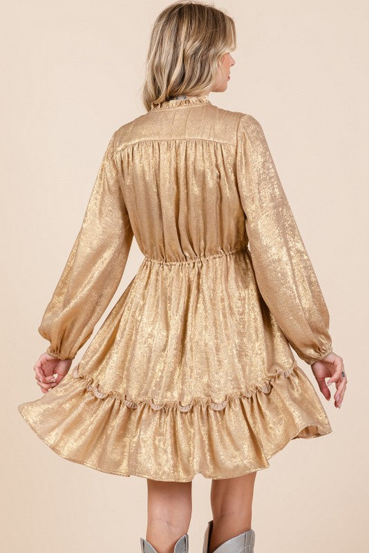 Long Bubble Sleeve Metallic Button-Up Dress