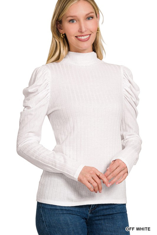 Long Puff Sleeve Ribbed Mock Neck Light Weight Sweater Top