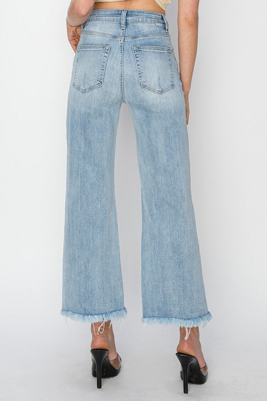 Curvy High Rise Frayed Ankle Wide Leg Jeans