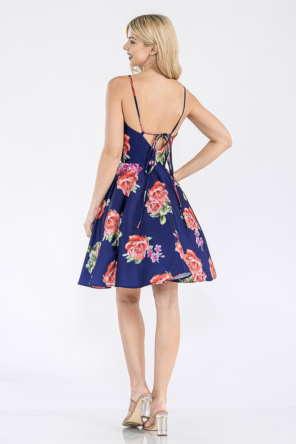 Spaghetti Strap Floral Print Tafetta Fit and Flare Mini Dress with Pockets