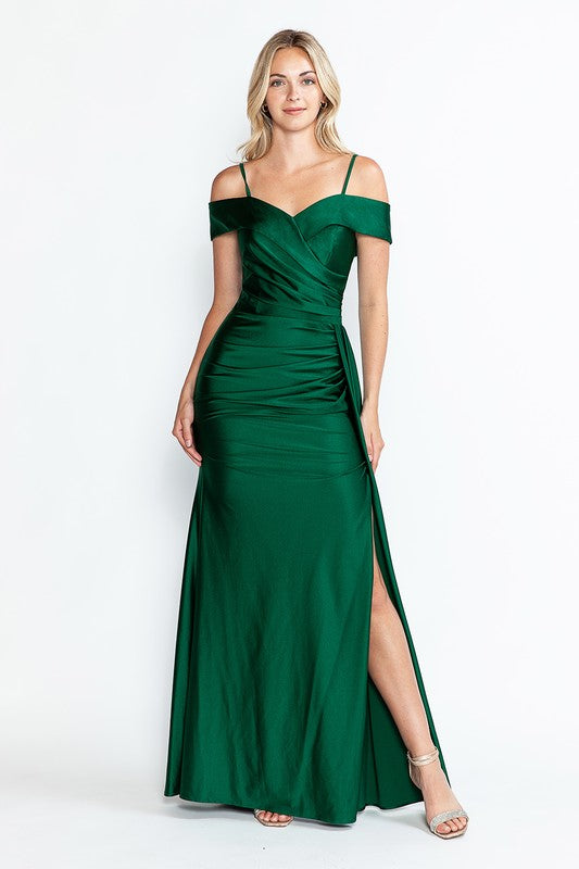 Off Shoulder Ruched Side Drape Long Formal Dress