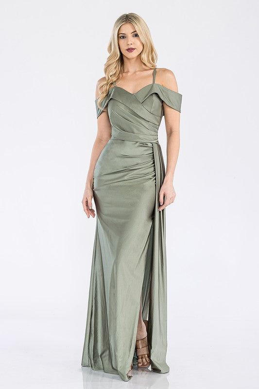 Off Shoulder Ruched Side Drape Long Formal Dress