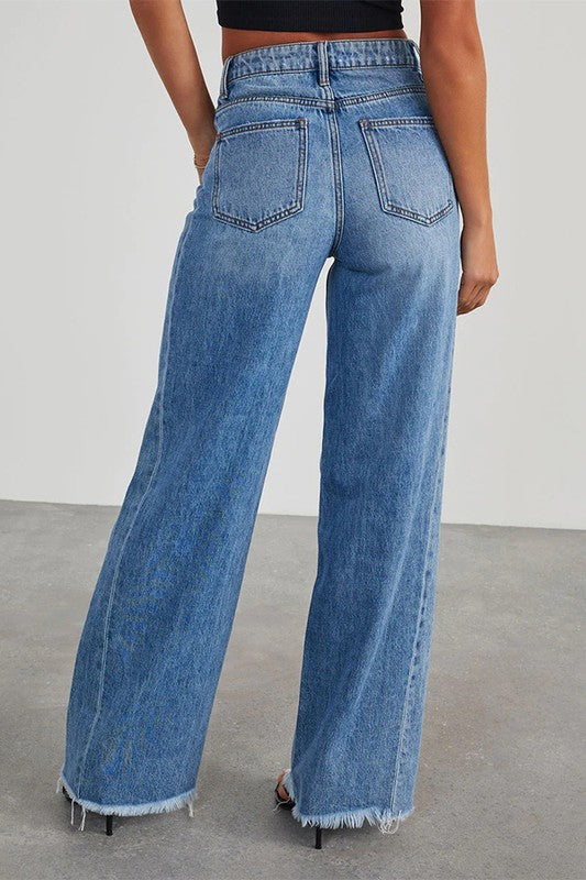 Wide Leg Side Seam Stitching Frayed Hem Jeans
