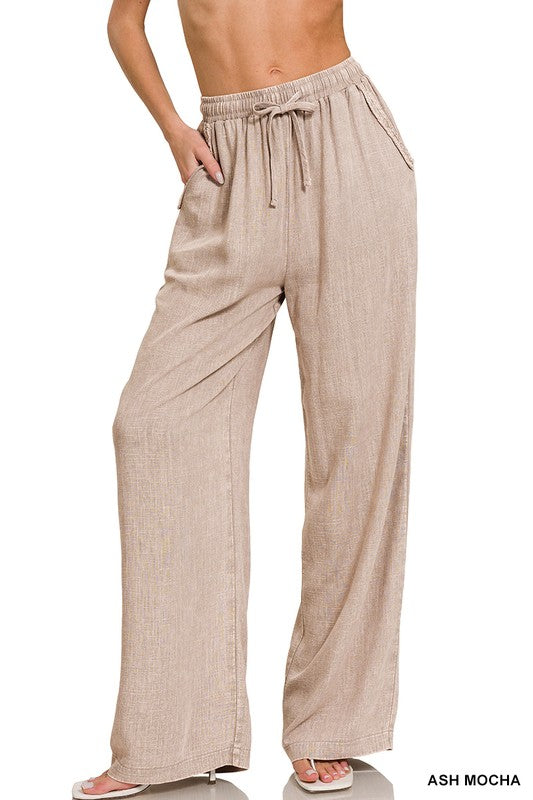 Acid Washed Linen Elastic Waist Relaxed Fit Pants