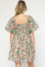Printed Square Neck Puff Sleeve Mini Empire Waist Dress with Elastic Neckline and Socked Back