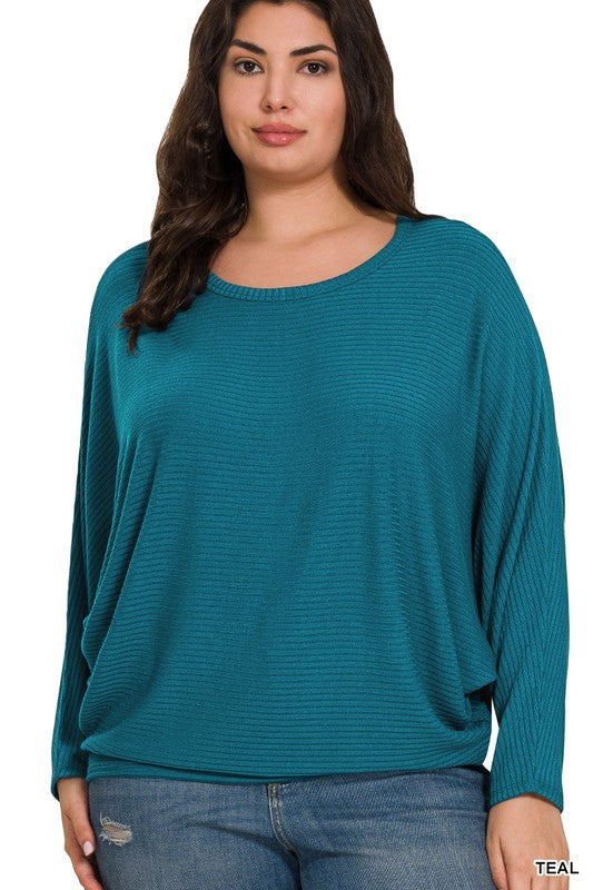 Curvy Ribbed Dolman Long Sleeve Boat Neck Sweater