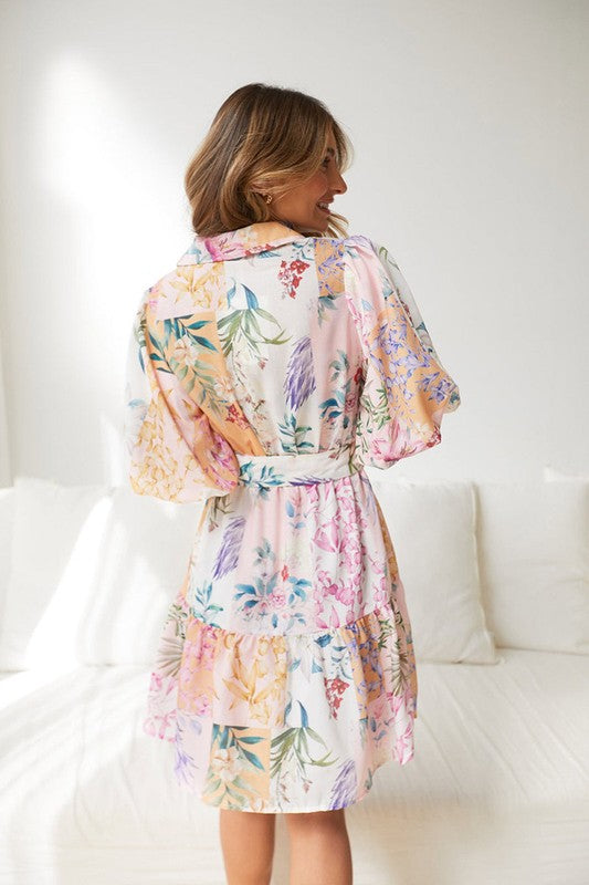 Bohemian Printed Lantern Sleeve Short A-Line Dress with Matching Belt