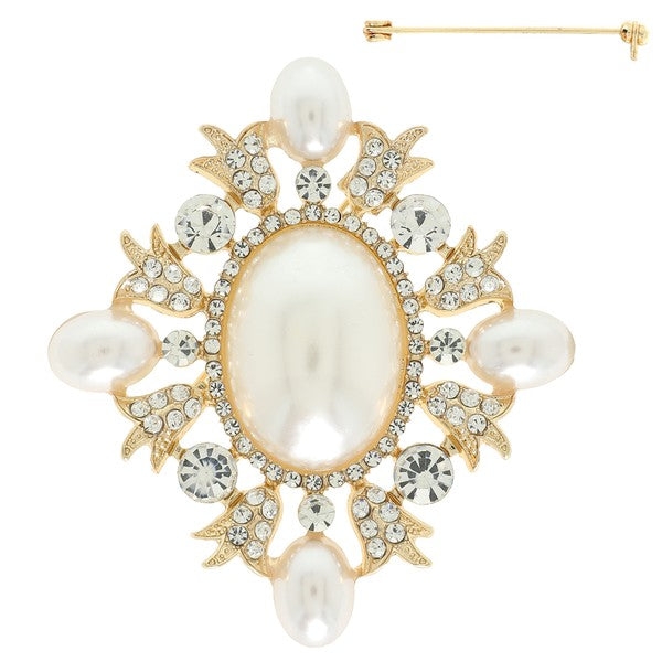 Two Tone Rhinestone and Pearl Cluster Brooch Pin