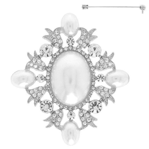 Two Tone Rhinestone and Pearl Cluster Brooch Pin
