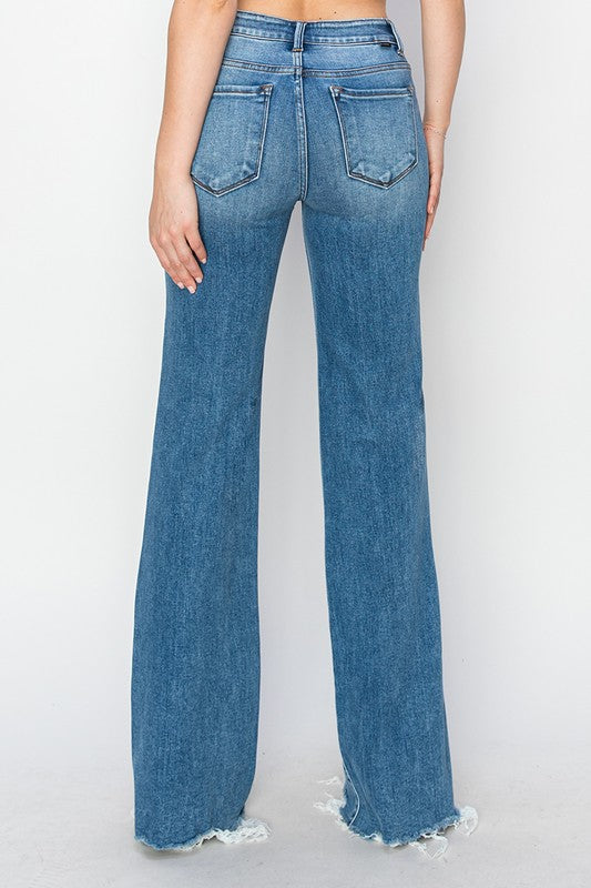 Mid Rise Tummy Control Wide Leg Denim Jeans with Raw Hem