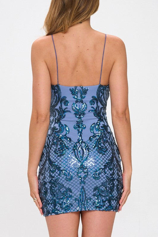 Bungee Shoulder Strap Mesh and Sequins Bodycon Mini Dress